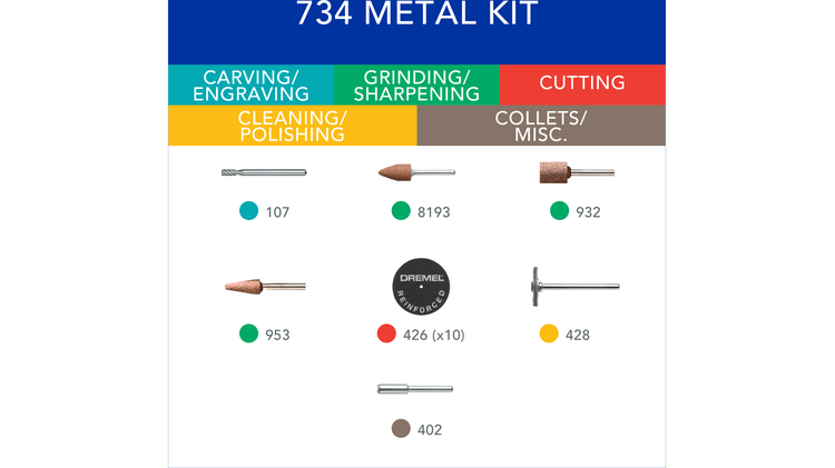 Micro kit de accesorios giratorios Dremel para metal 734-01 de 16 piezas